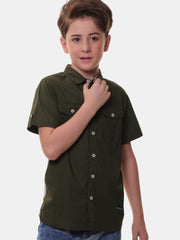 Boys Half Sleeves Stretchable Cotton Dark Olive Green Shirt with Box Pocket Flap and Sleeve Tabs – Perfect for Every Occasion