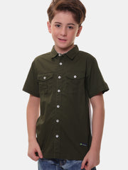 Boys Half Sleeves Stretchable Cotton Dark Olive Green Shirt with Box Pocket Flap and Sleeve Tabs – Perfect for Every Occasion