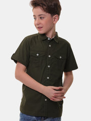 Boys Half Sleeves Stretchable Cotton Dark Olive Green Shirt with Box Pocket Flap and Sleeve Tabs – Perfect for Every Occasion