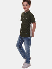 Boys Half Sleeves Stretchable Cotton Dark Olive Green Shirt with Box Pocket Flap and Sleeve Tabs – Perfect for Every Occasion