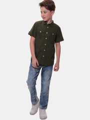 Boys Half Sleeves Stretchable Cotton Dark Olive Green Shirt with Box Pocket Flap and Sleeve Tabs – Perfect for Every Occasion