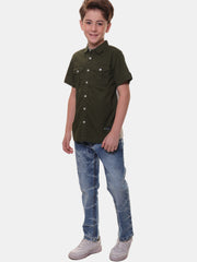 Boys Half Sleeves Stretchable Cotton Dark Olive Green Shirt with Box Pocket Flap and Sleeve Tabs – Perfect for Every Occasion