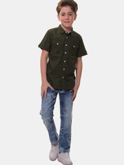 Boys Half Sleeves Stretchable Cotton Dark Olive Green Shirt with Box Pocket Flap and Sleeve Tabs – Perfect for Every Occasion