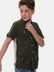 Boys Half Sleeves Stretchable Cotton Dark Olive Green Shirt with Box Pocket Flap and Sleeve Tabs – Perfect for Every Occasion